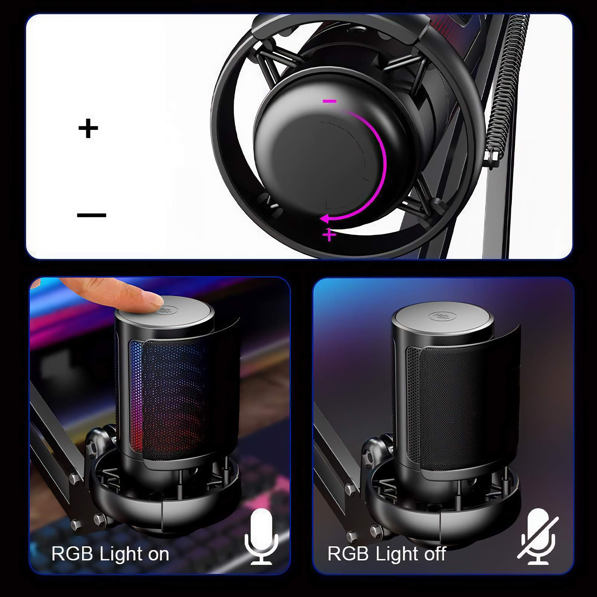 Ein Mikrofon mit ein- und ausgeschalteten RGB-Leuchten. Ein Finger drückt eine Taste. Plus- und Minuszeichen oben links.