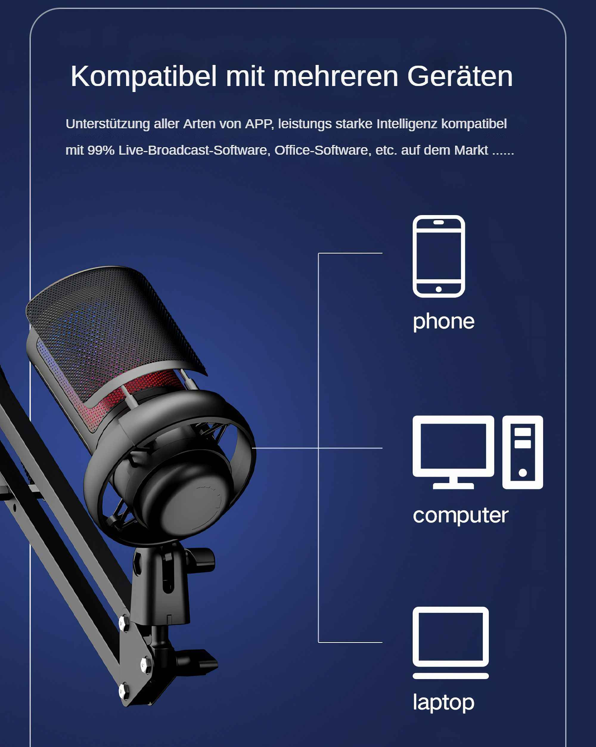 Ein Mikrofon mit Pop-Filter ist auf einem Ständer montiert. Icons von Telefon, Computer und Laptop werden angezeigt.