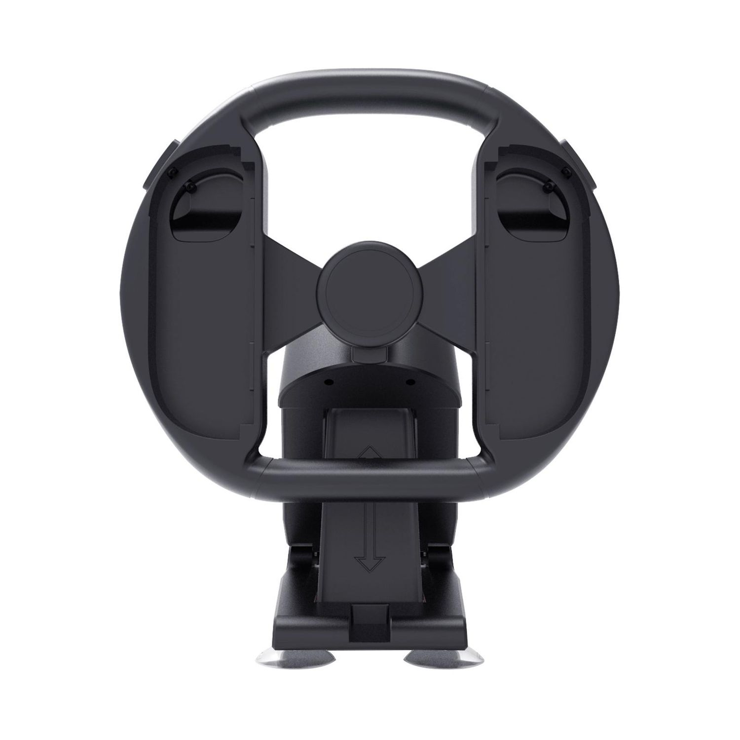 Un volante negro para una consola de juegos, con dos compartimentos laterales y una base central sobre fondo blanco.