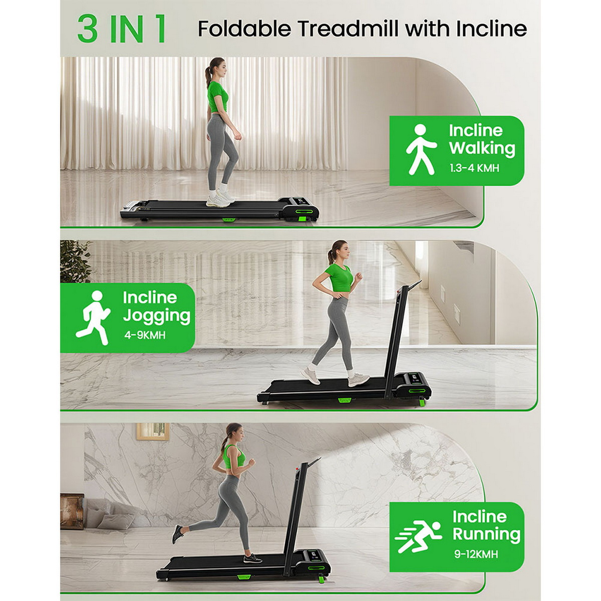 Kobieta w zielonej bluzce i szarych spodniach jest pokazana na bieżni. Obrazek pokazuje bieżnię do chodzenia, joggingu i biegania.