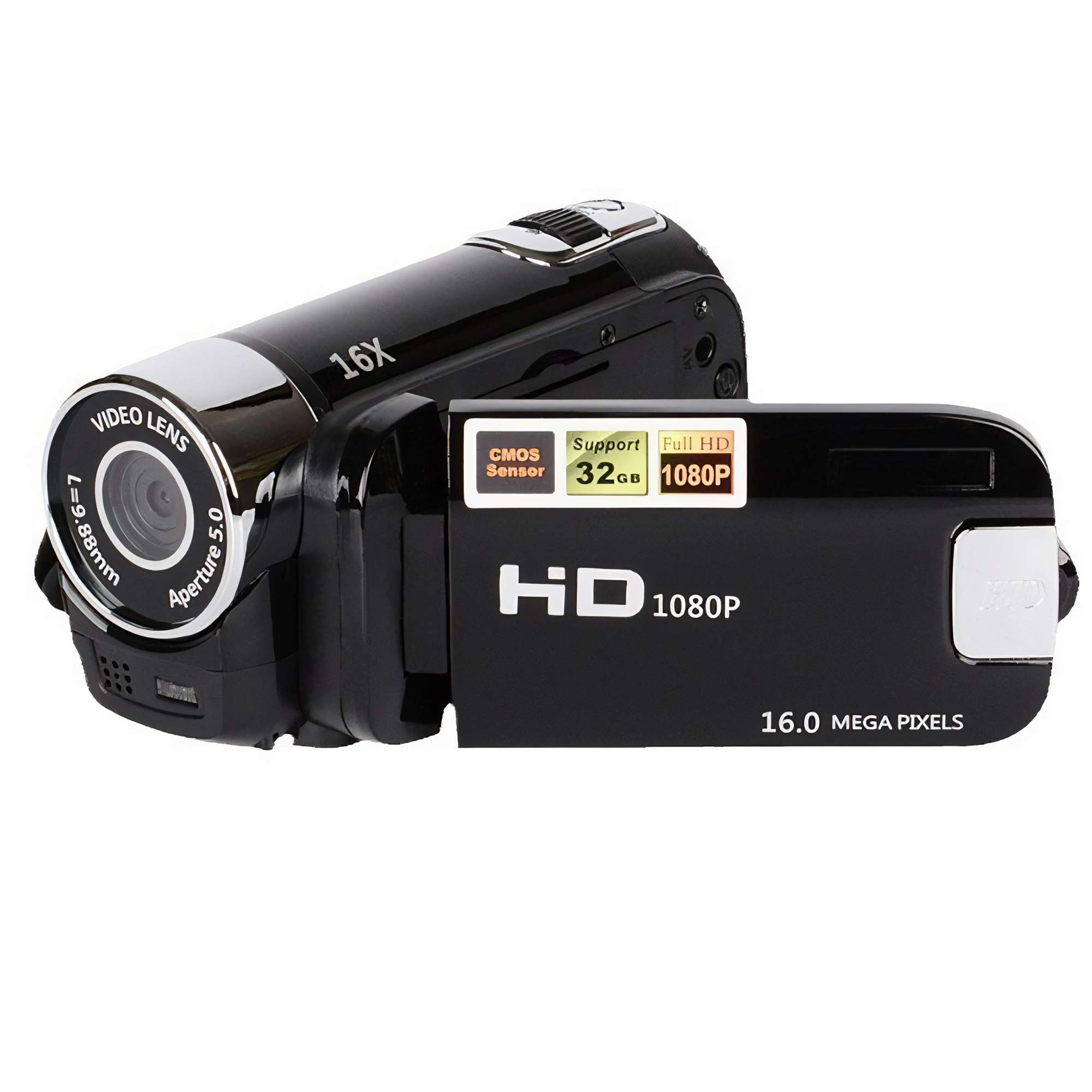Eine schwarze Videokamera mit Objektiv, Bildschirm und Knöpfen. Sie trägt die Aufschriften '16X', 'HD 1080P' und '16.0 MEGA PIXELS'.
