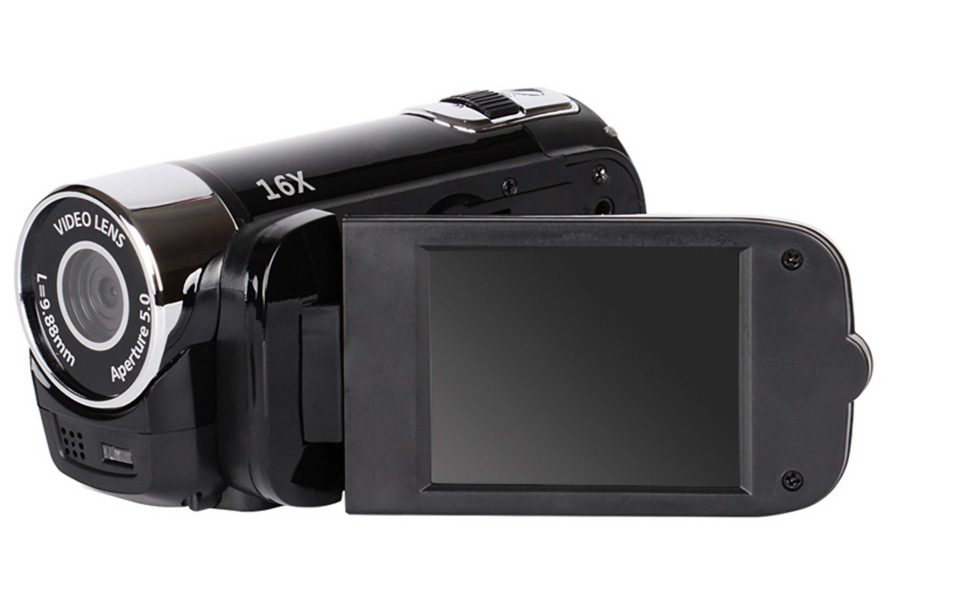Eine schwarze Camcorder ist geöffnet und zeigt den Bildschirm. Das Objektiv sagt Videoobjektiv, Blende 5.0 und 16x Zoom.