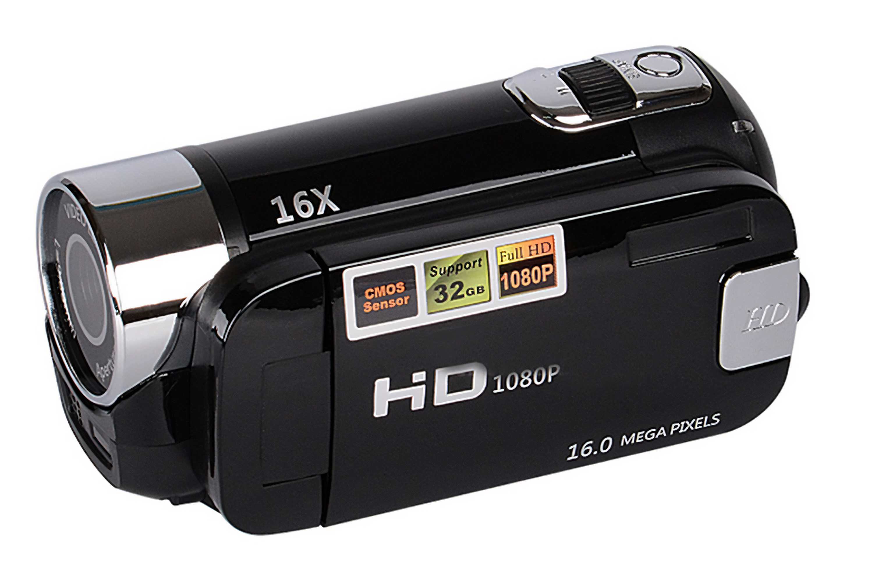 Schwarze digitale Videokamera mit silbernen Akzenten. Verfügt über 16-fach Zoom, CMOS-Sensor, Full HD 1080P und 16,0 Megapixel.