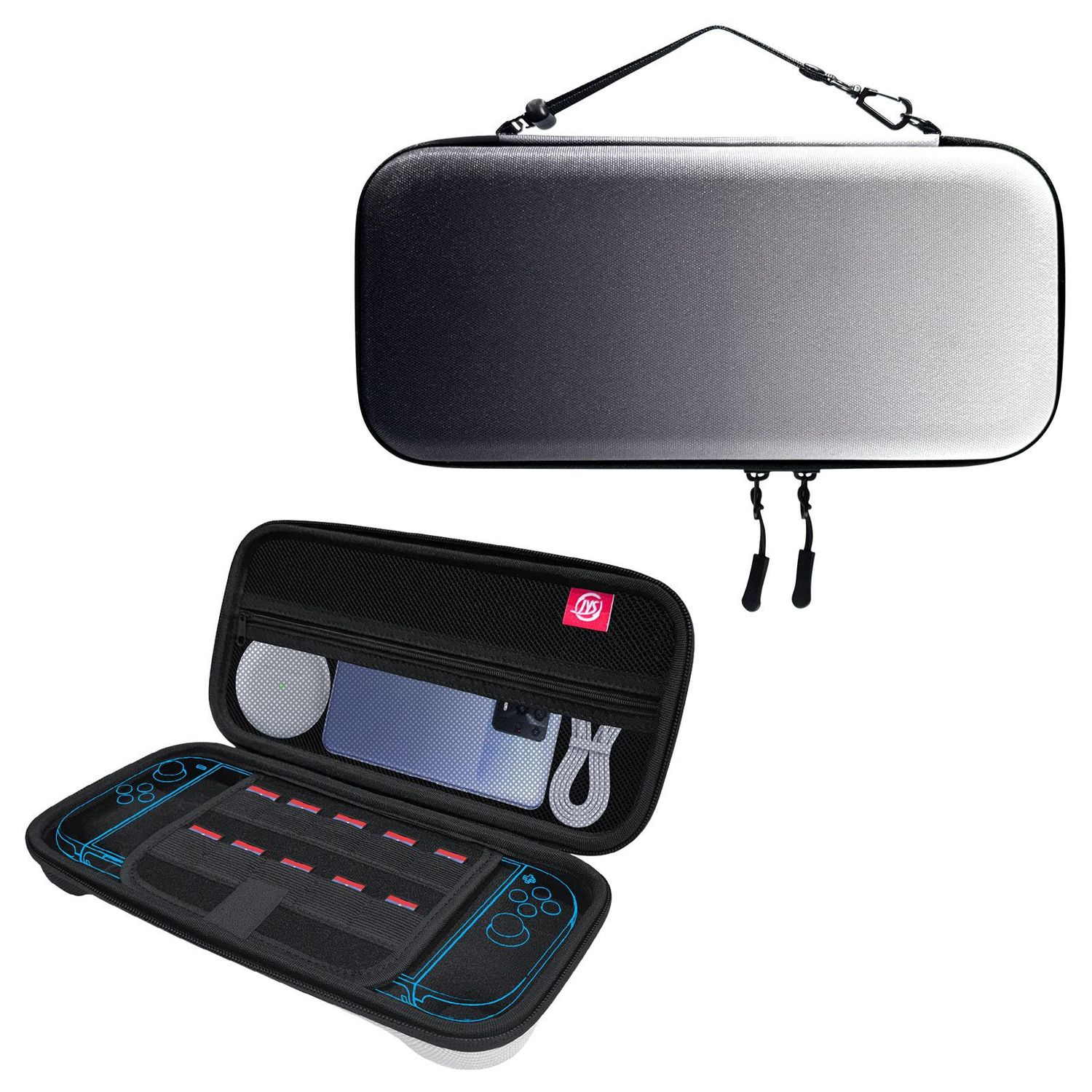 Una funda de transporte degradada en negro y gris para una consola de juegos, abierta para revelar el interior con accesorios y consola.