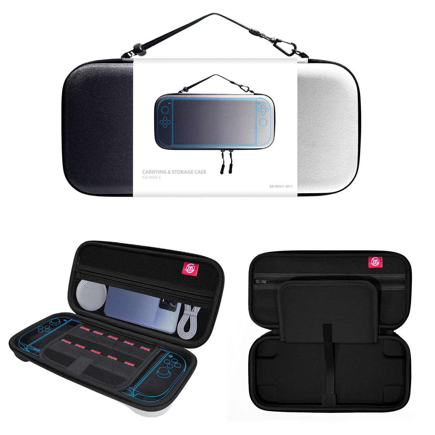 Una funda de transporte para una Nintendo Switch. La funda es negra y blanca y viene con un asa. La funda está abierta y muestra compartimentos internos.