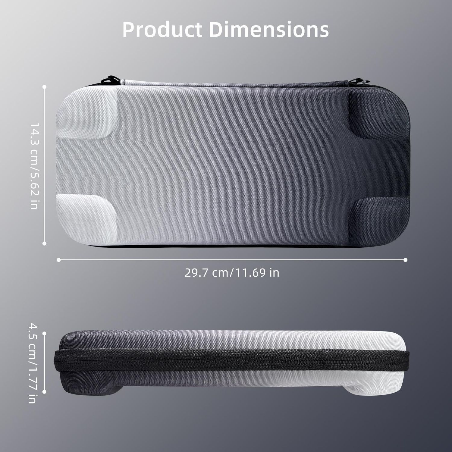 Imagen muestra una funda con dimensiones: 29,7 cm/11,69 pulgadas de largo, 14,3 cm/5,62 pulgadas de ancho y 4,5 cm/1,77 pulgadas de grosor. La funda es gris.