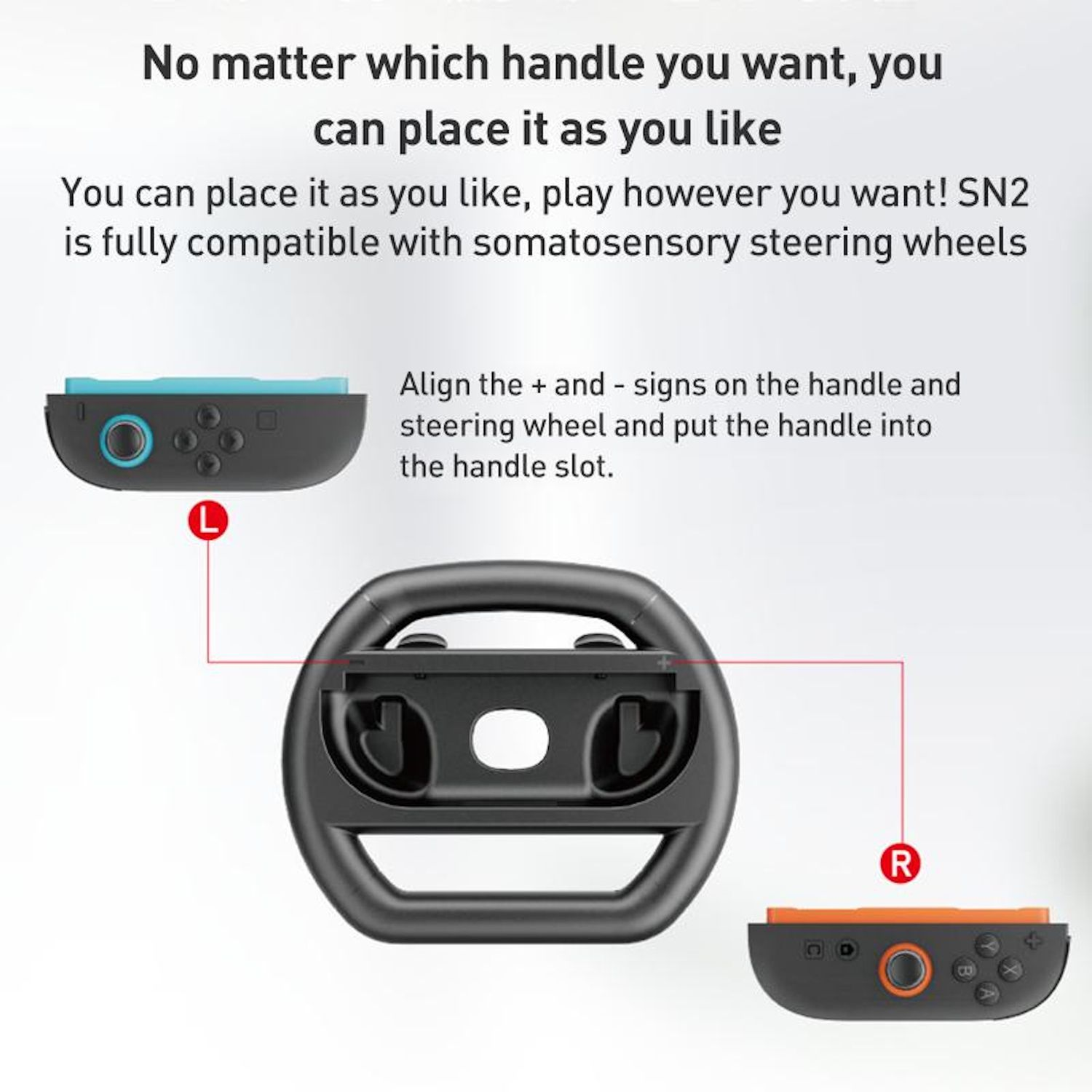 Das Bild zeigt, wie man Gamecontroller mit einem Lenkrad verbindet. Zwei Controller an den Seiten und das Lenkrad in der Mitte, mit roten Linien.