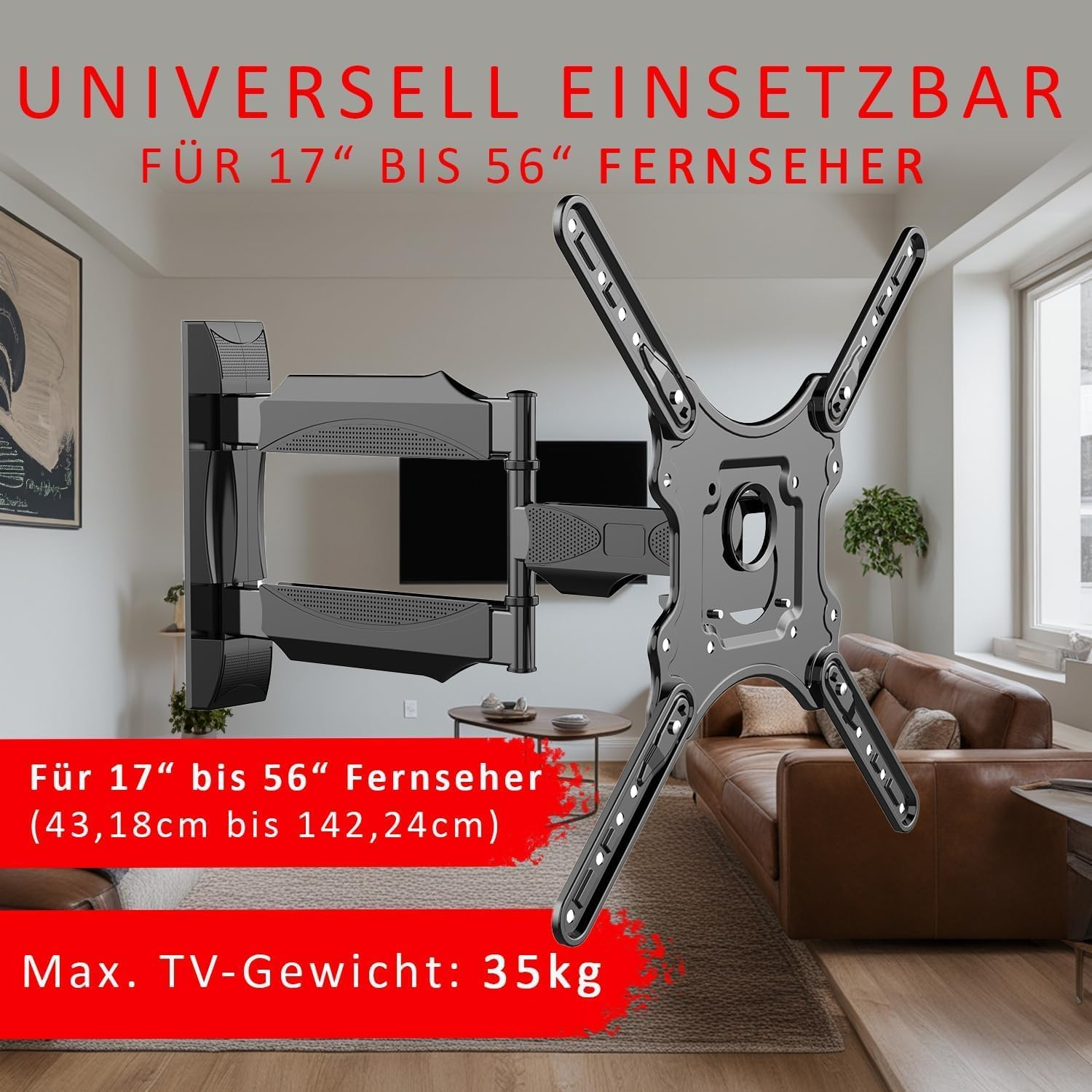 Eine schwarze TV-Wandhalterung wird angezeigt, mit Text, der angibt, dass sie für 17" bis 56" TVs, max. Gewicht 35 kg, geeignet ist. Ein Wohnzimmer ist im Hintergrund.