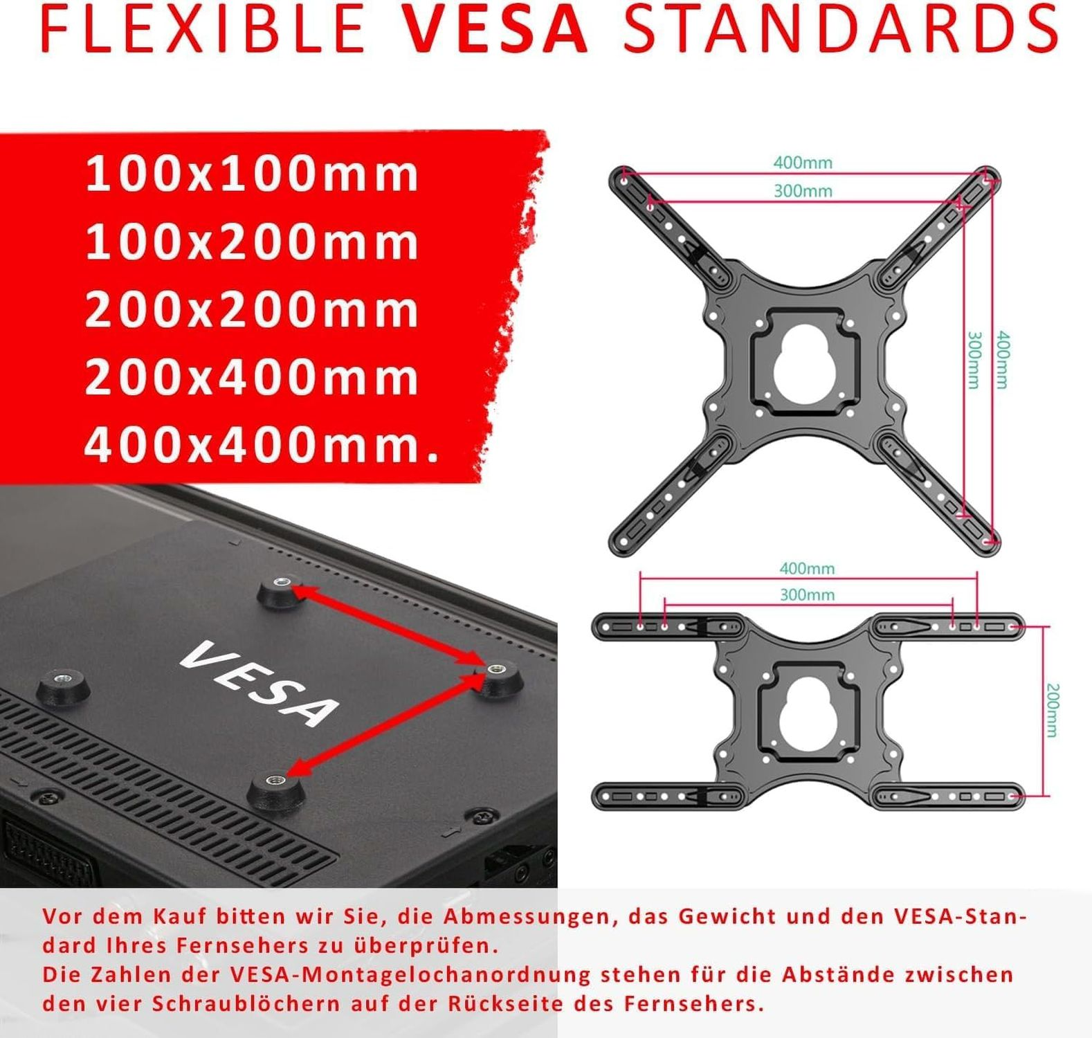 Diagramm mit VESA-Standards. Enthält Maße, eine TV-Halterung und eine TV-Rückseite mit VESA-Aufschrift.