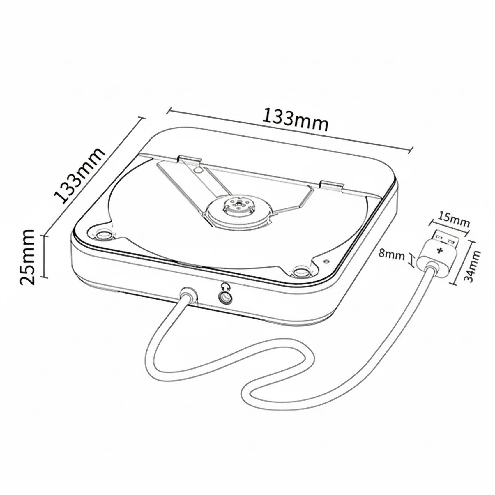 Isometrische Ansicht eines quadratischen Geräts mit Beschriftung der Abmessungen. Ein Kabel führt zum USB-C-Anschluss.