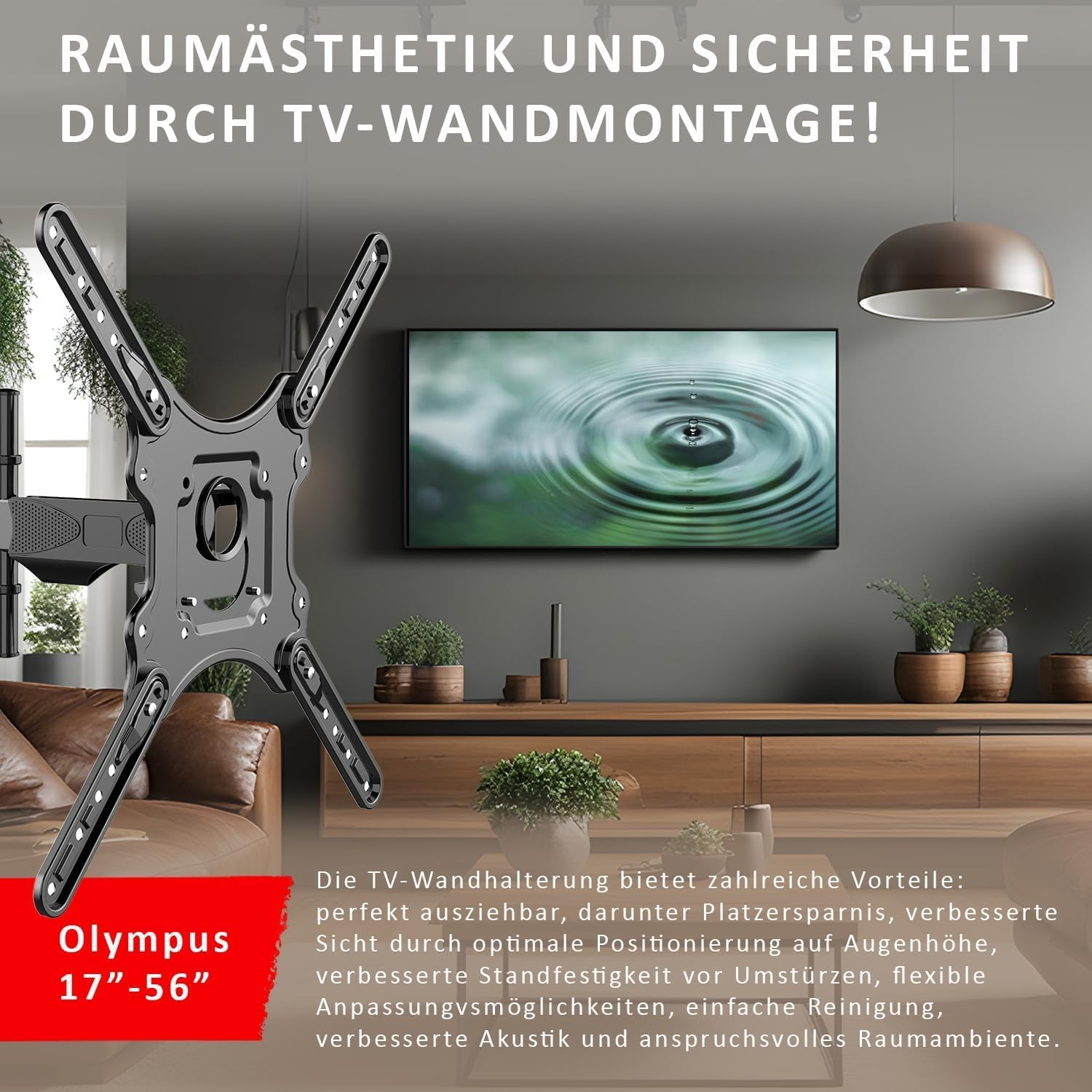 Eine TV-Wandhalterung wird in einem Wohnzimmer mit Fernseher, Pflanzen und Möbeln gezeigt. Text unten bewirbt das Produkt.