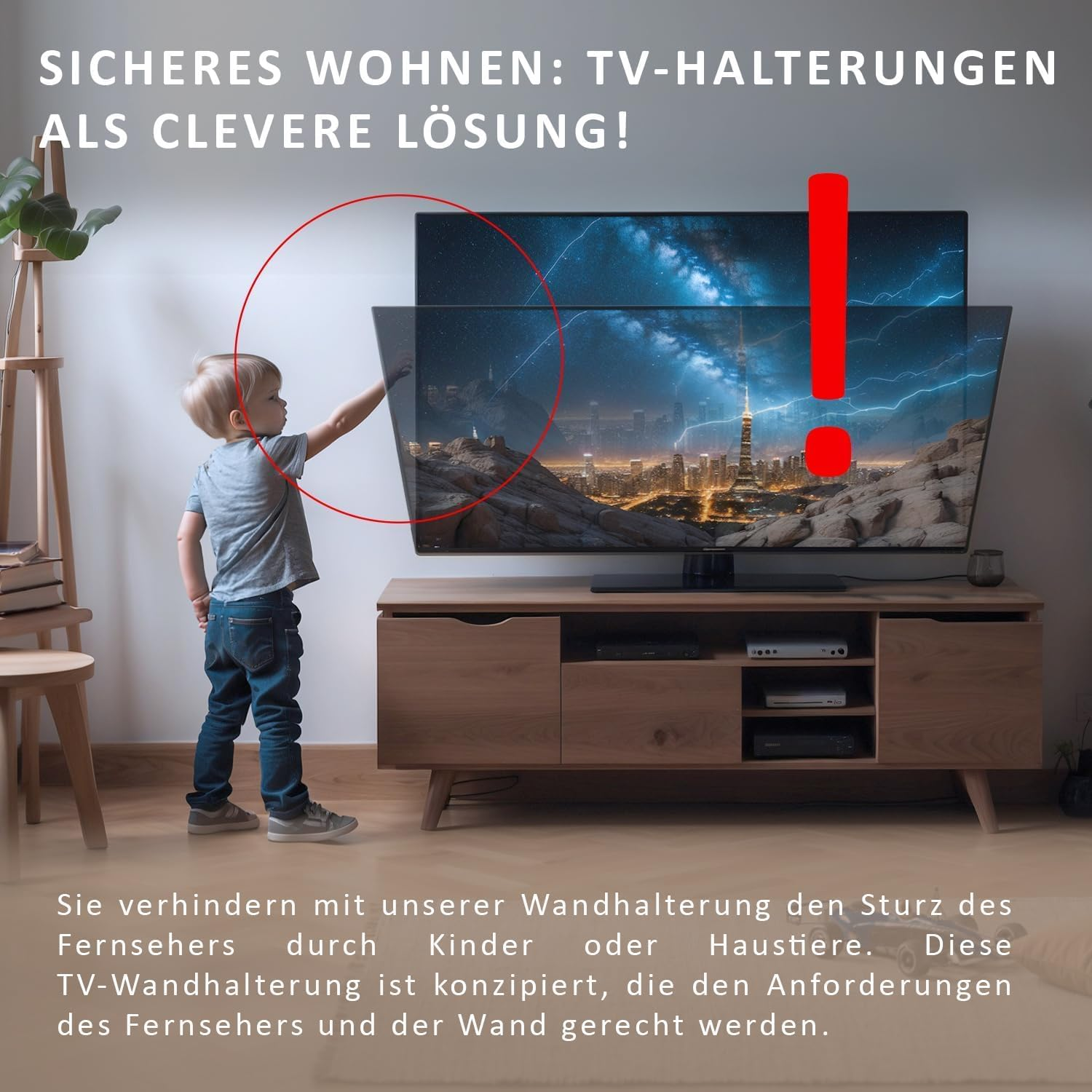 Ein Kind greift nach einem Fernseher. Ein rotes Ausrufezeichen befindet sich über dem Fernseher. Text oben: 'Sicheres Wohnen: TV-Halterungen'.