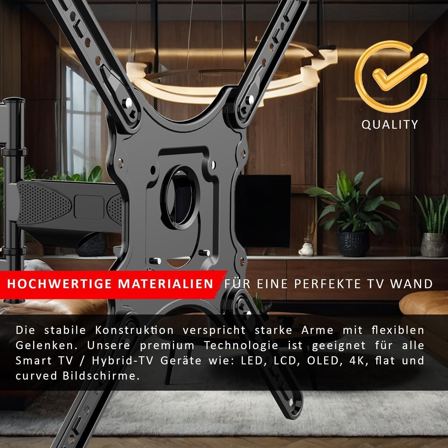 Gezeigt wird eine schwarze TV-Wandhalterung. Sie hat ein Qualitätssiegel und Text über Premium-Materialien für eine perfekte TV-Wand.