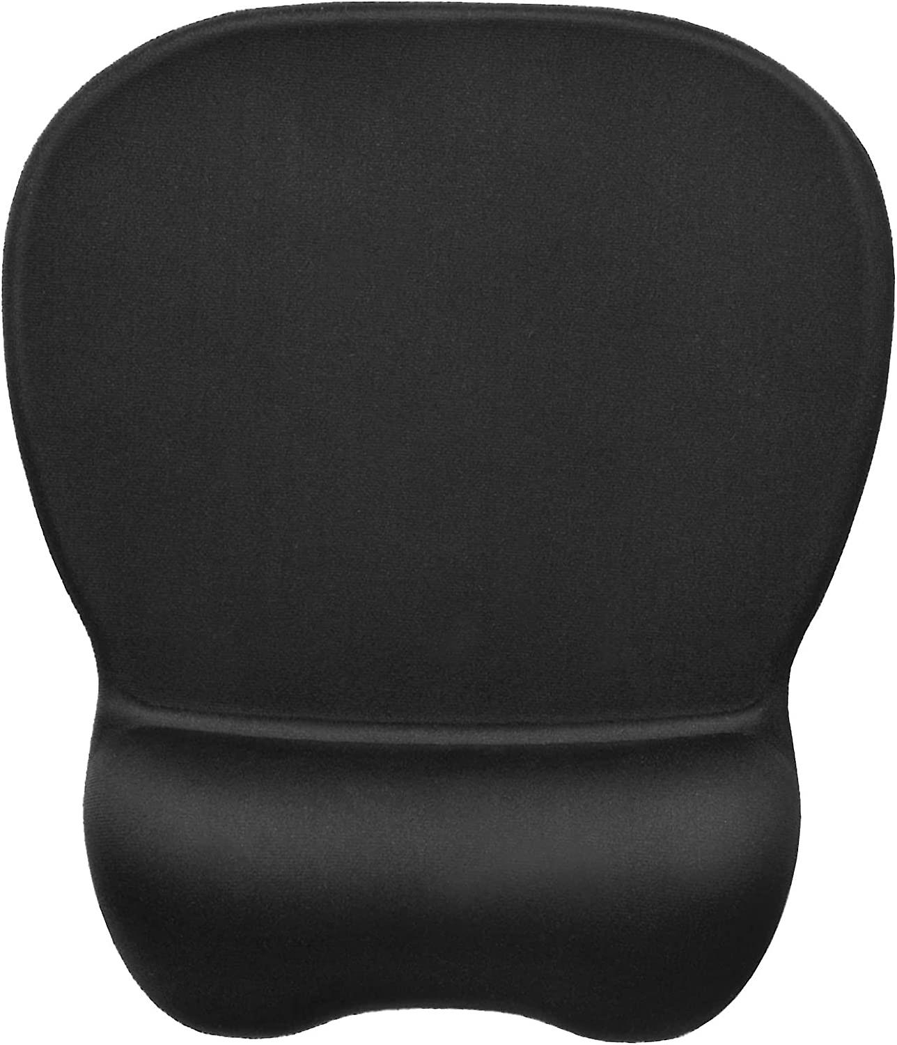Ein schwarzes ergonomisches Mauspadd. Es hat eine Handgelenkstütze unten und eine abgerundete Oberseite. Die Oberfläche wirkt strukturiert.