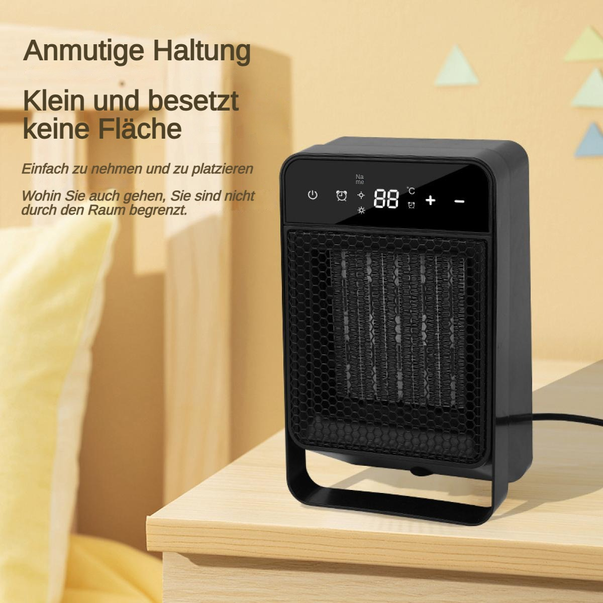 Ein schwarzer Elektroheizer auf einer Holzoberfläche mit einer Digitalanzeige, die 88 Grad anzeigt. Text auf Deutsch im Hintergrund.