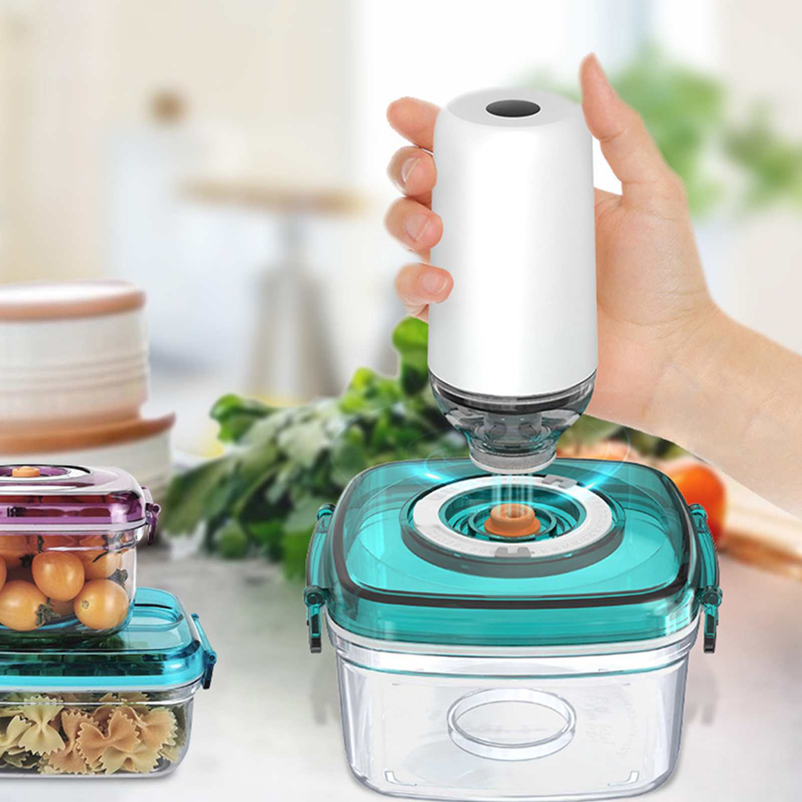 Eine Hand hält einen weißen Vakuumierer über einem durchsichtigen Behälter. Andere Behälter mit Essen sind im Hintergrund.