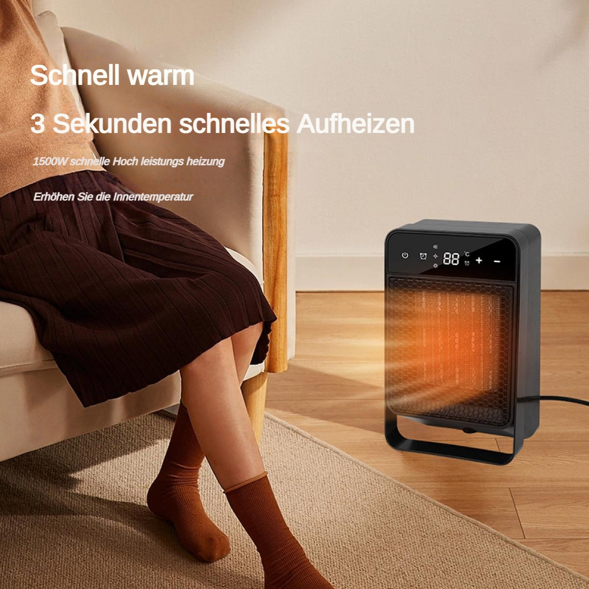 Eine Person sitzt in der Nähe eines schwarzen Heizgeräts. Das Heizgerät zeigt 88 Grad an. Text auf Deutsch: 'Schnell warm', '3 Sekunden schnelles Aufheizen'.