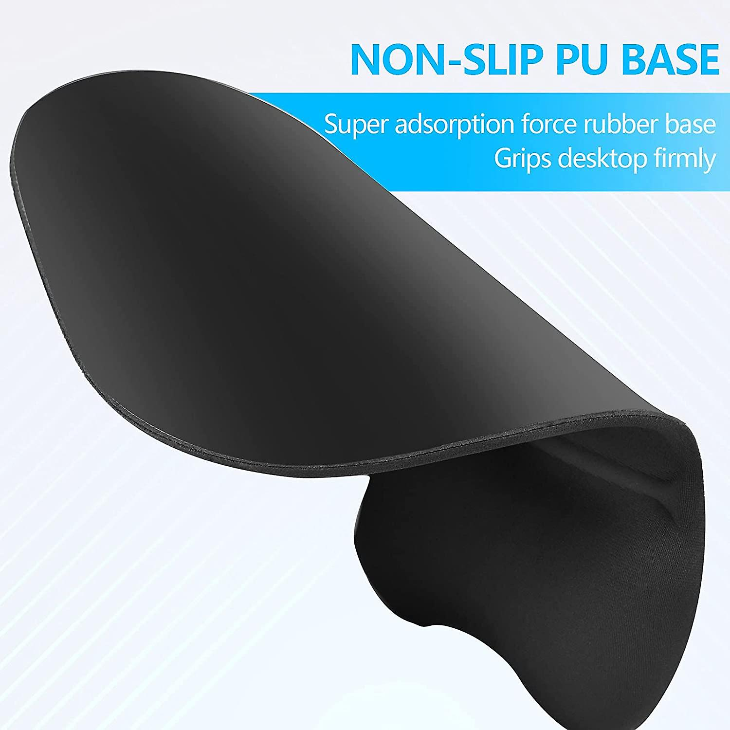 Schwarzes ergonomisches Mauspad, geschwungenes Design. Text: Rutschfeste PU-Basis, superstarke Adsorptionskraft, greift den Desktop fest.