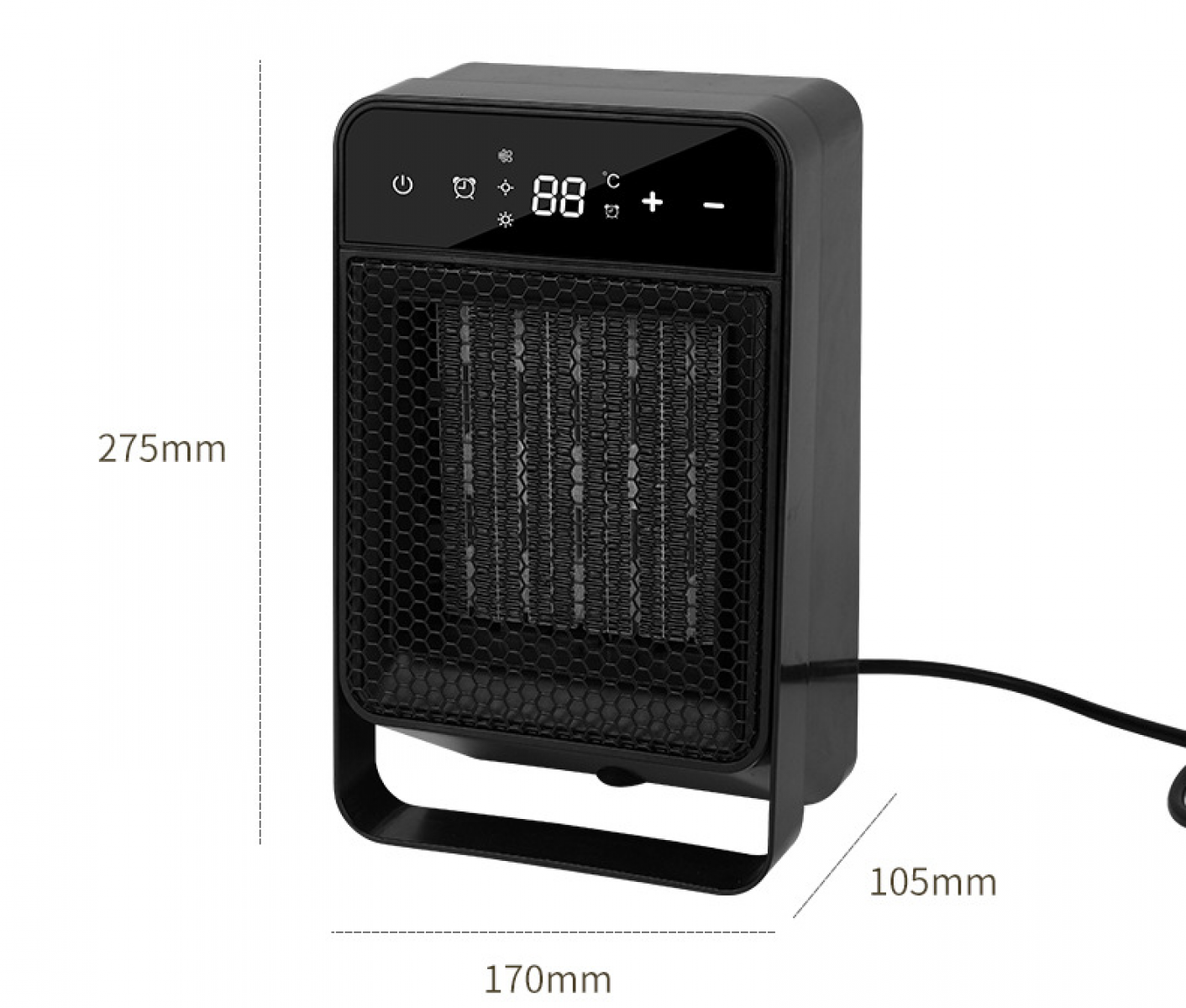 Schwarze elektrische Heizung mit Digitalanzeige der Temperatur. Abmessungen: 275 mm hoch, 170 mm breit, 105 mm tief. Netzkabel sichtbar.