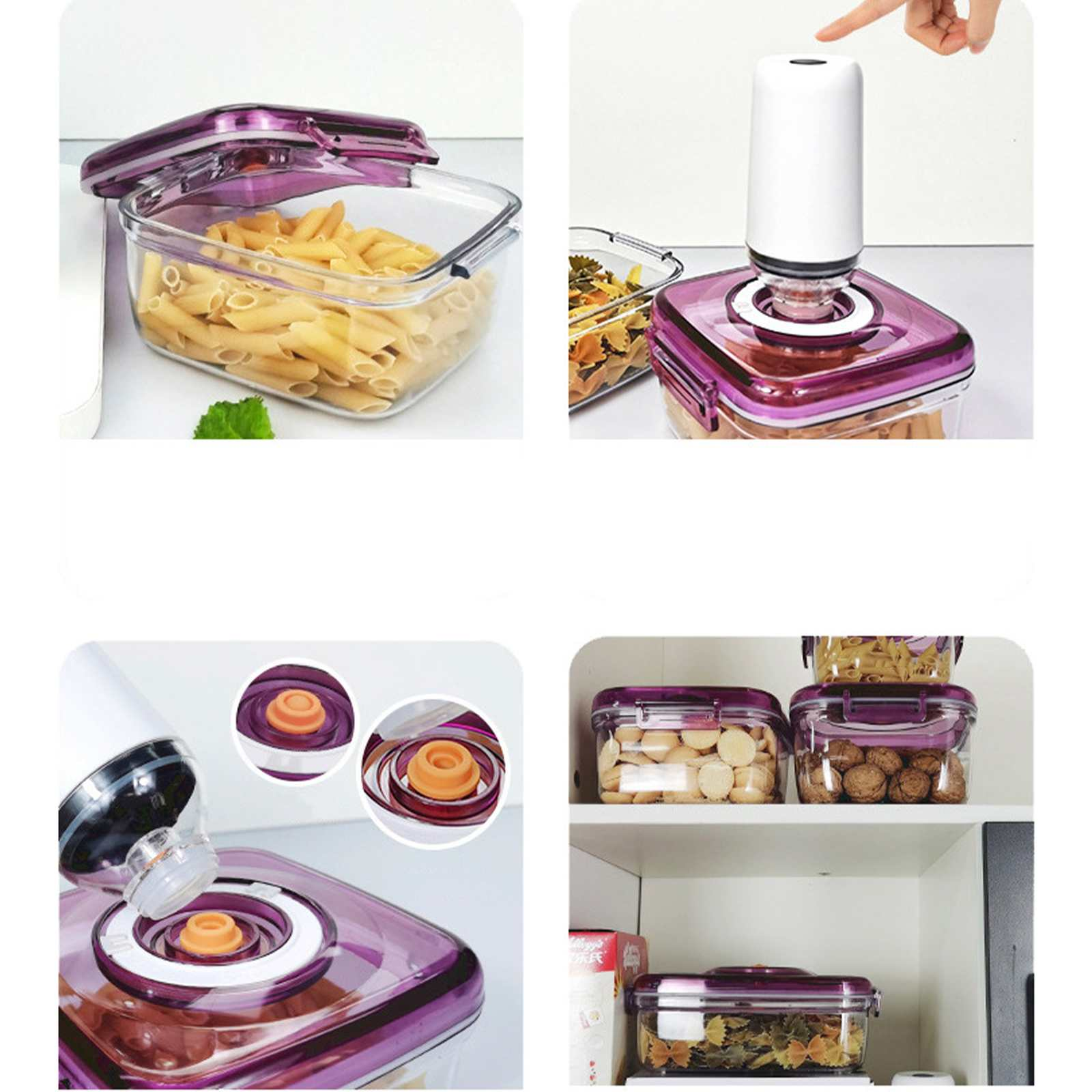 Klare Behälter gefüllt mit Pasta, Keksen und Nüssen. Ein Vakuumierer wird auf einem verwendet. Behälter haben lila Deckel. Essen ist gelagert.