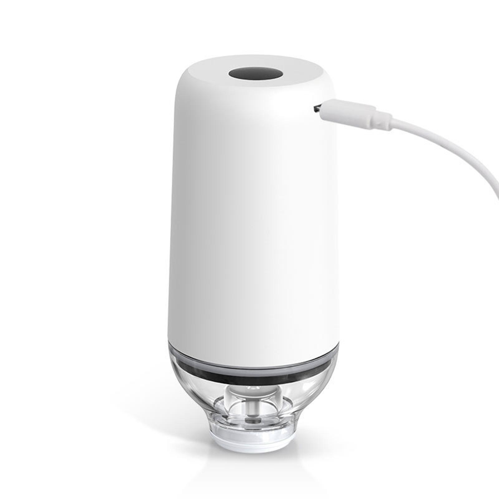 Ein weißer Vakuumierer mit klarer Basis, der mit einem weißen USB-Kabel angeschlossen ist. Die Oberseite hat ein kleines Loch.