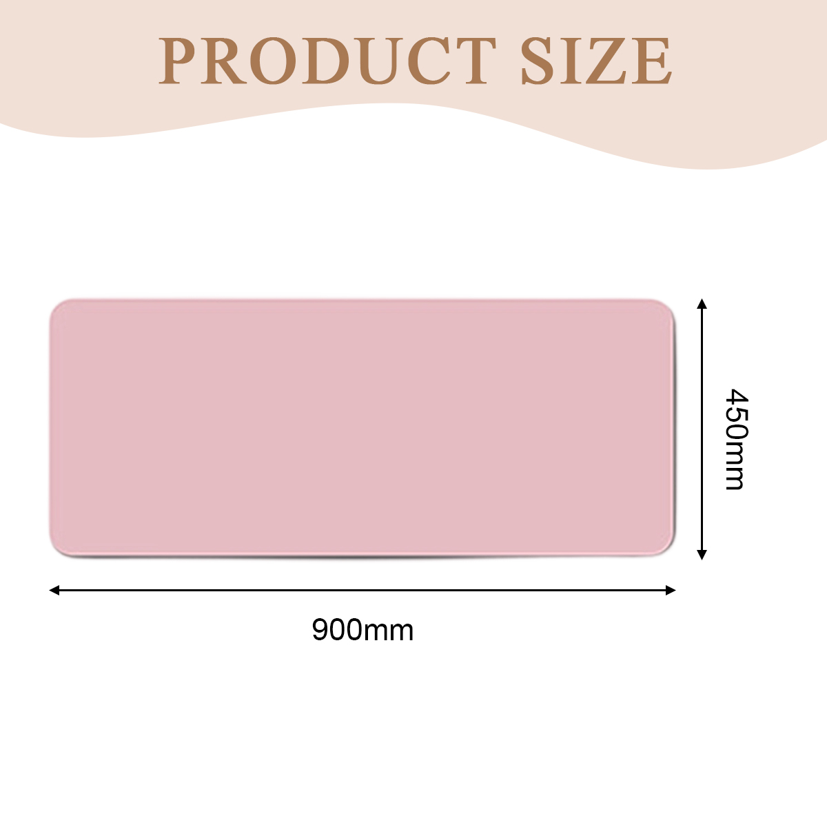 Ein rosa rechteckiges Produkt mit Maßangaben. Länge 900 mm und Breite 450 mm. Text: 'PRODUCT SIZE'.
