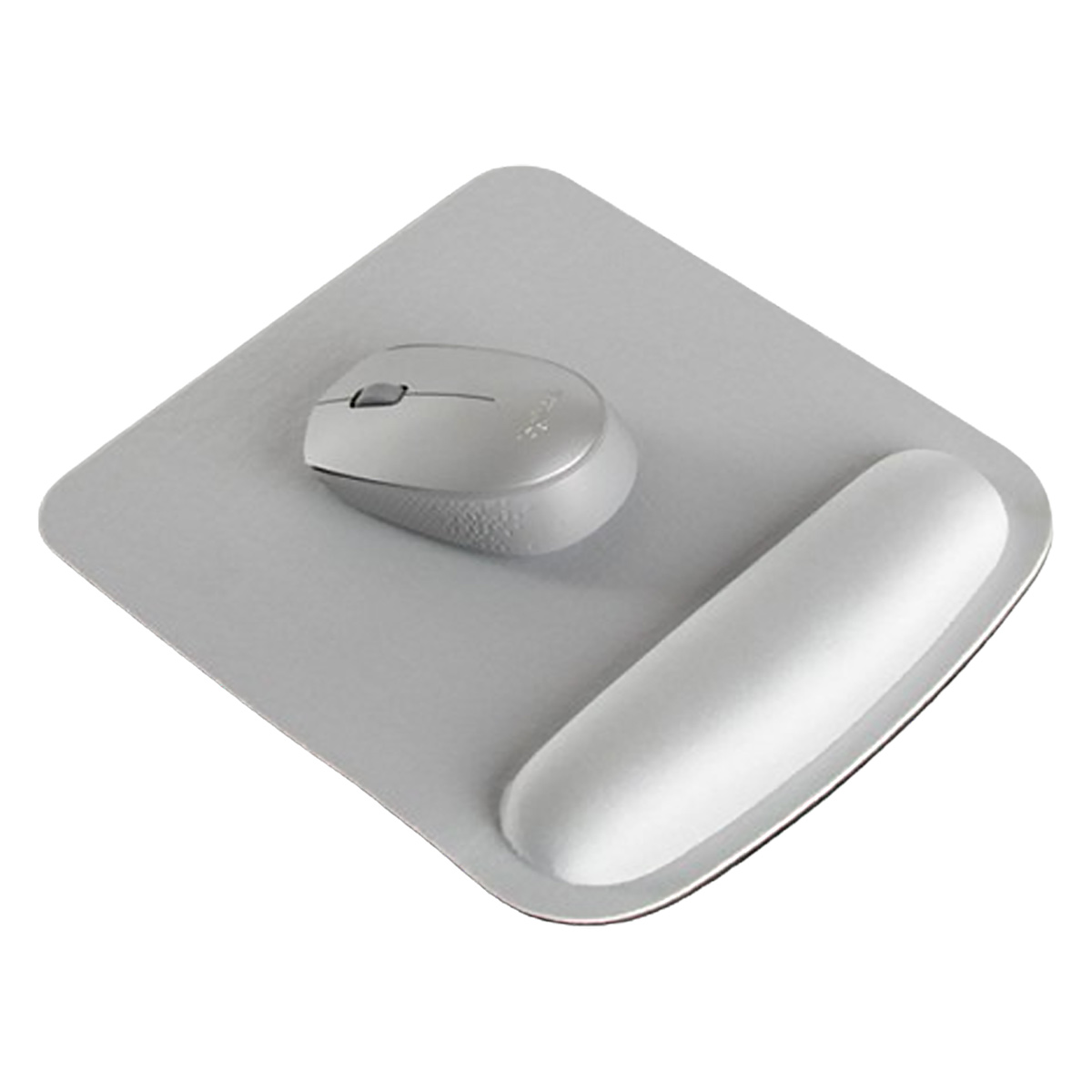 Eine graue Maus und eine weiße Handballenauflage auf einem grauen Mauspads. Das Mousepad ist quadratisch mit abgerundeten Ecken.