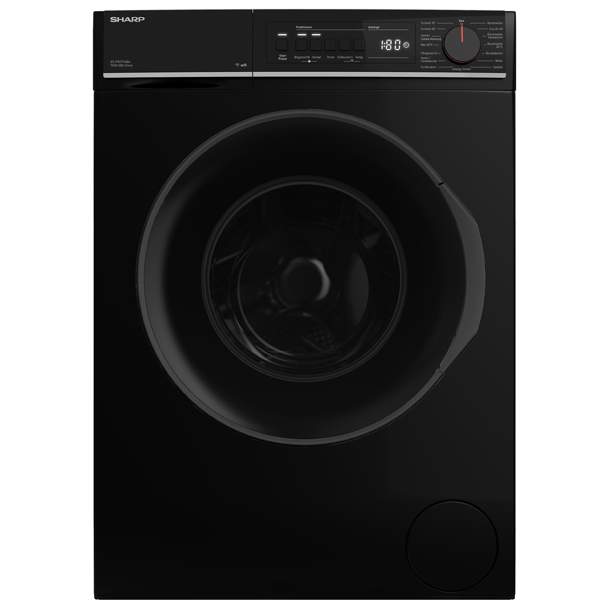 Schwarze Sharp Waschmaschine. Sie hat eine runde Tür, Digitalanzeige und verschiedene Bedienelemente. Das Design ist modern und elegant.