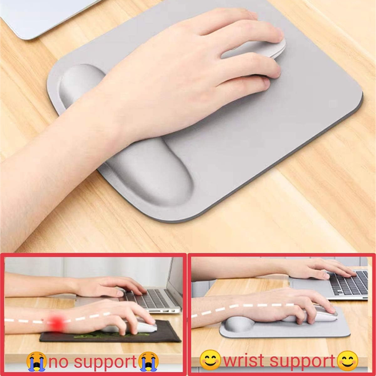 Eine Hand ruht auf einem grauen Handgelenkauflagen-Mauspad. Das Pad hat eine Handgelenkstütze und eine Maus. Darunter zeigen Illustrationen Unterstützung vs. keine Unterstützung.