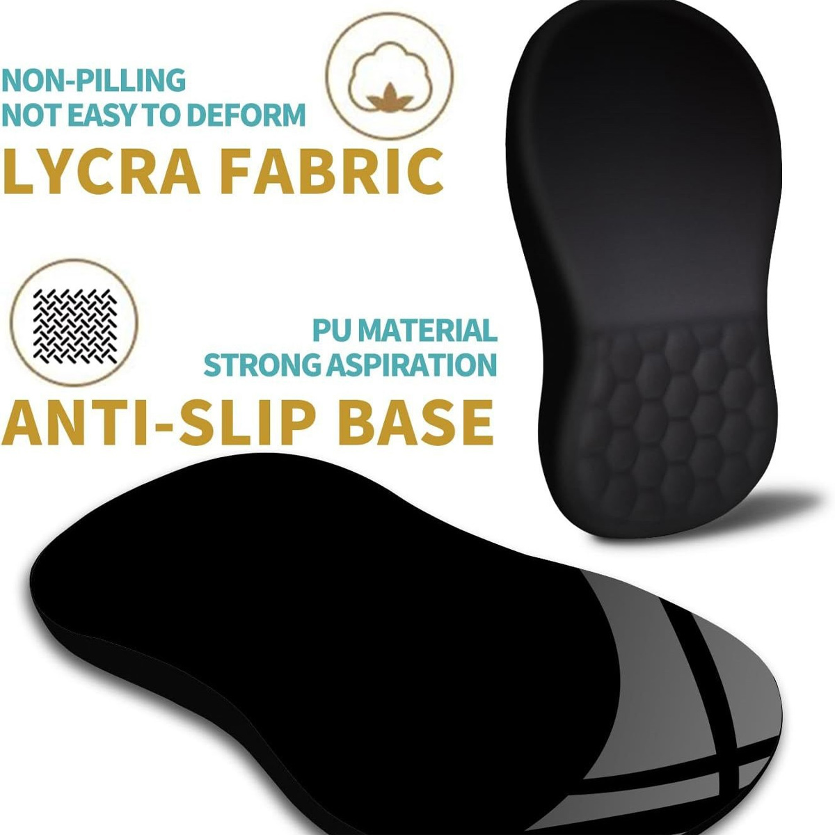 Das Bild zeigt ein schwarzes ergonomisches Mauspad und eine Handgelenkauflage. Text hebt Eigenschaften wie Lycra-Gewebe und rutschfeste Basis hervor.