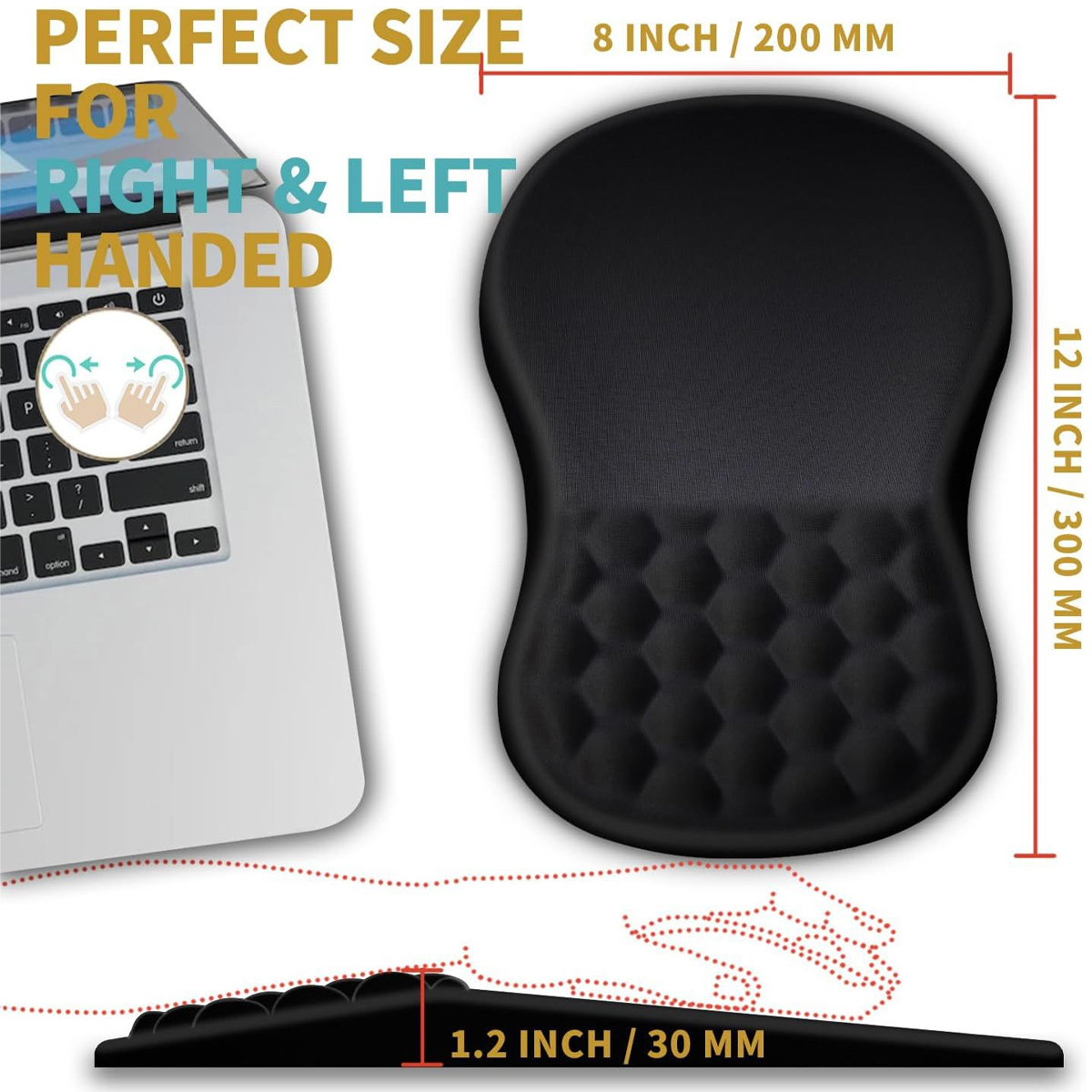 Eine schwarze ergonomische Mauspad mit Gel-Handgelenkauflage neben einem Laptop. Abmessungen werden mit Etiketten und Messungen angezeigt.