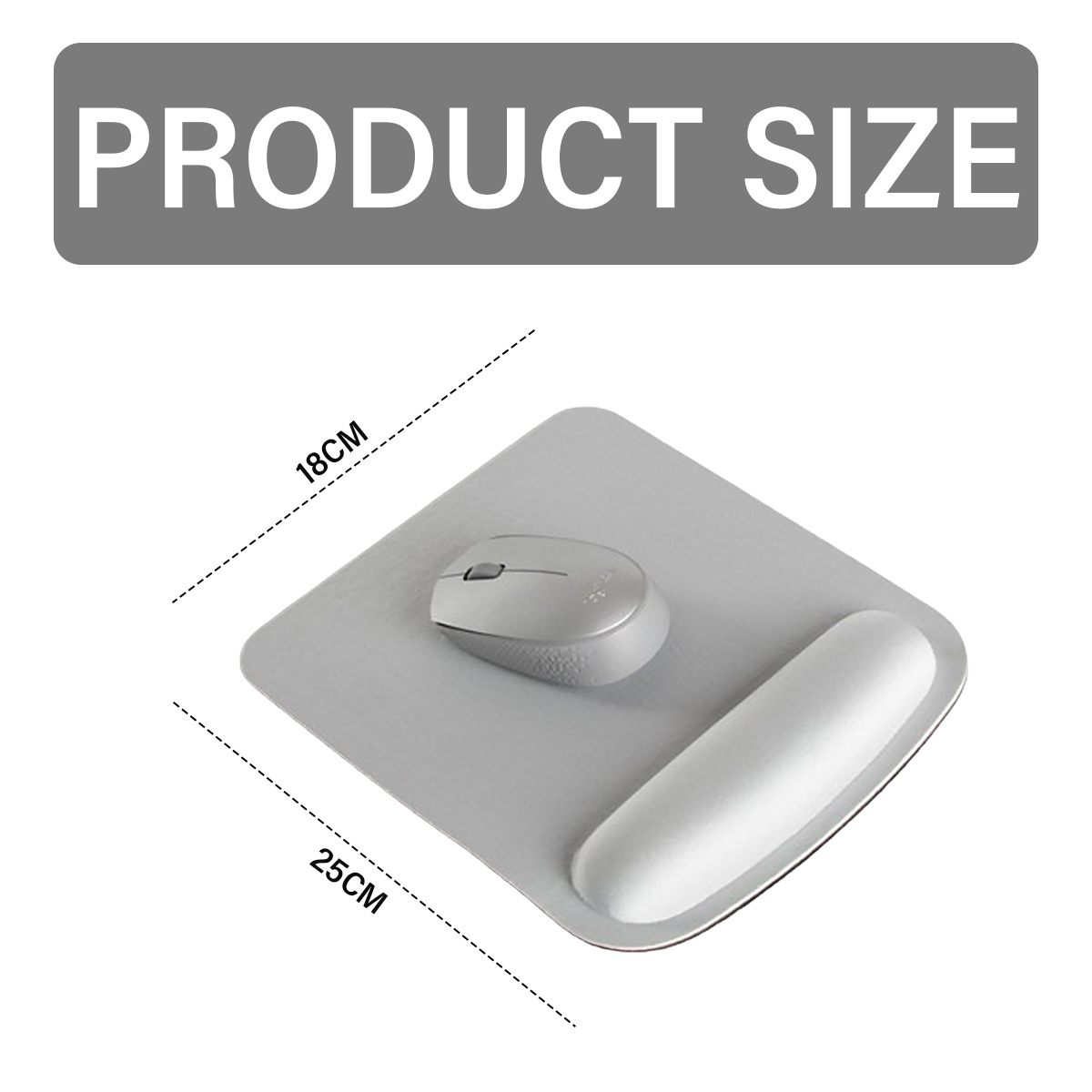 Ein graues Mauspad mit Handgelenkauflage, eine graue Maus und die Abmessungen 18 cm x 25 cm. Der Text "PRODUCT SIZE" steht oben.