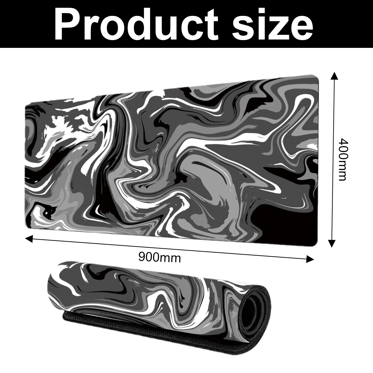 Ein schwarz-weiß-graues Marmor-Mauspad, 900 mm x 400 mm, mit einem aufgerollten Abschnitt unten. Text oben: Produktgröße.