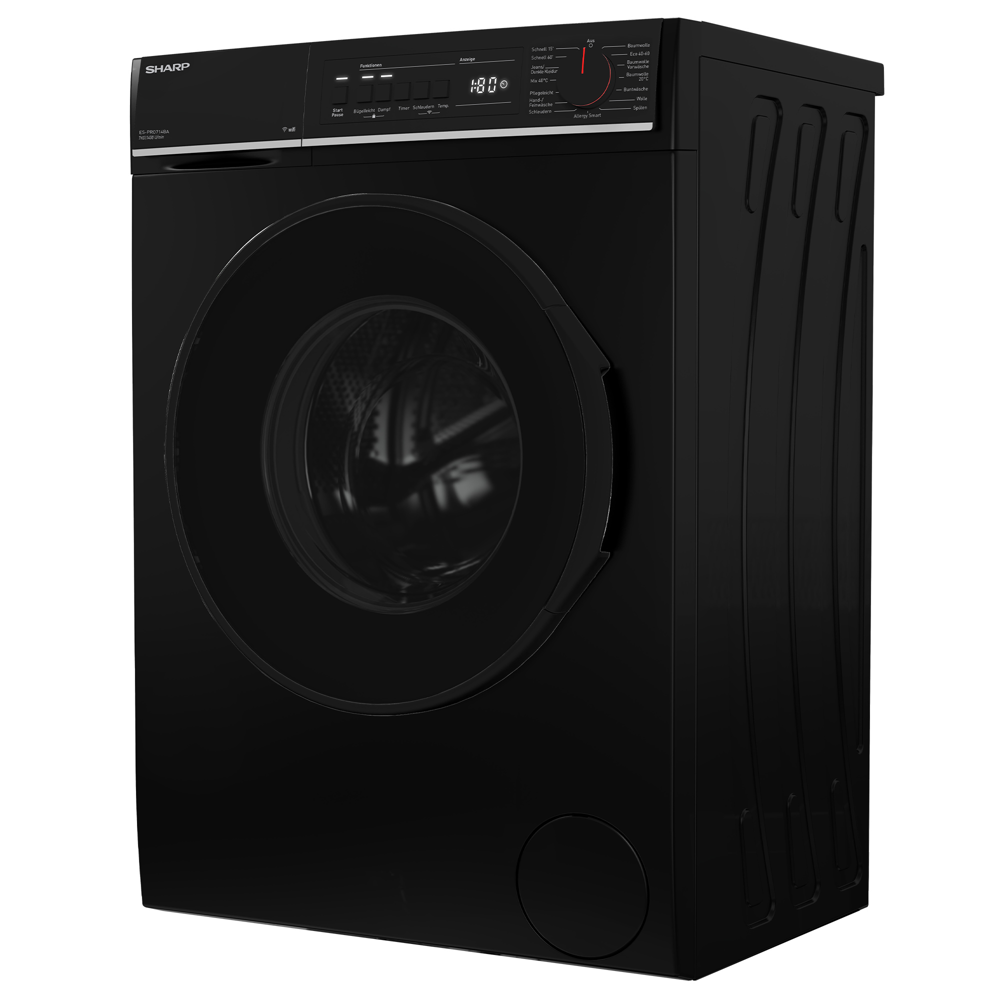 Eine schwarze Sharp Waschmaschine mit Digitalanzeige und verschiedenen Wascheinstellungen auf der Frontplatte.