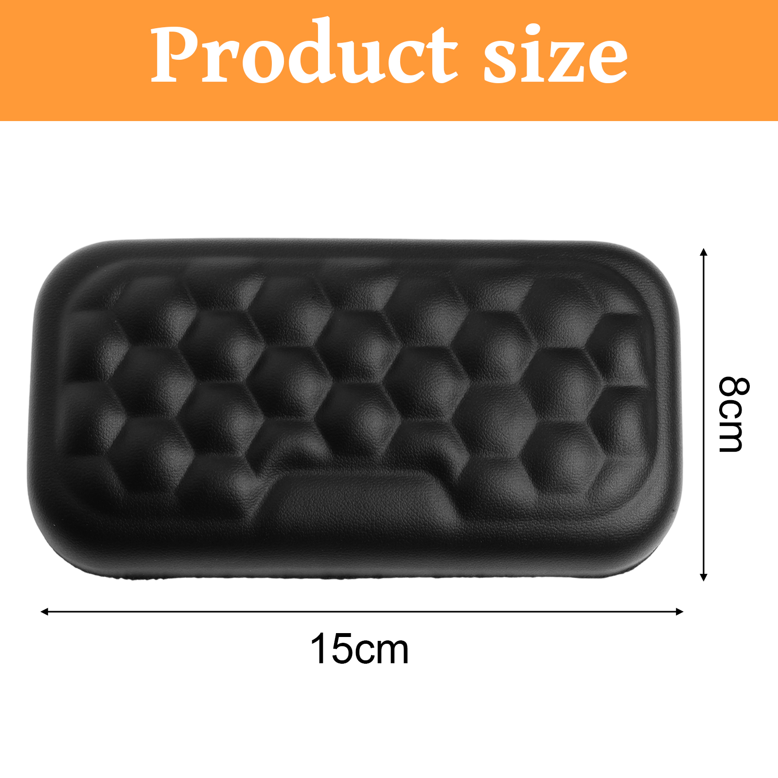 Das Bild zeigt ein schwarzes Etui mit strukturierter Oberfläche. Maße: 15 cm lang, 8 cm breit. Der Text oben lautet 'Produktgröße'.