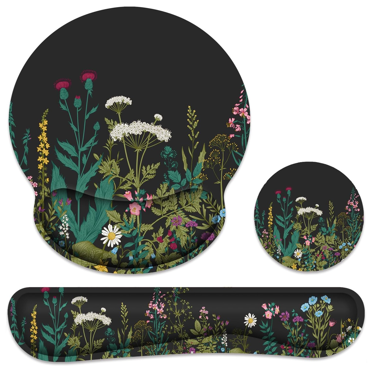 Ein schwarzes Bürozubehör-Set mit floralem Design. Enthält ein Mauspad, einen Untersetzer und eine Handgelenkauflage. Blumen sind weiß, rosa, gelb und blau.