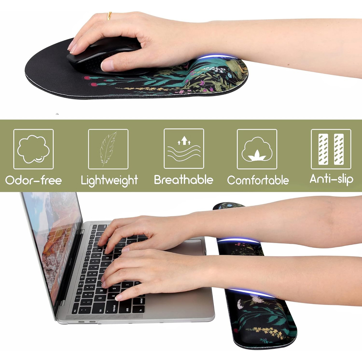 Hände benutzen Maus und tippen auf Laptop. Mauspads mit floralem Design. Eigenschaften: geruchsfrei, leicht, atmungsaktiv, komfortabel, rutschfest.