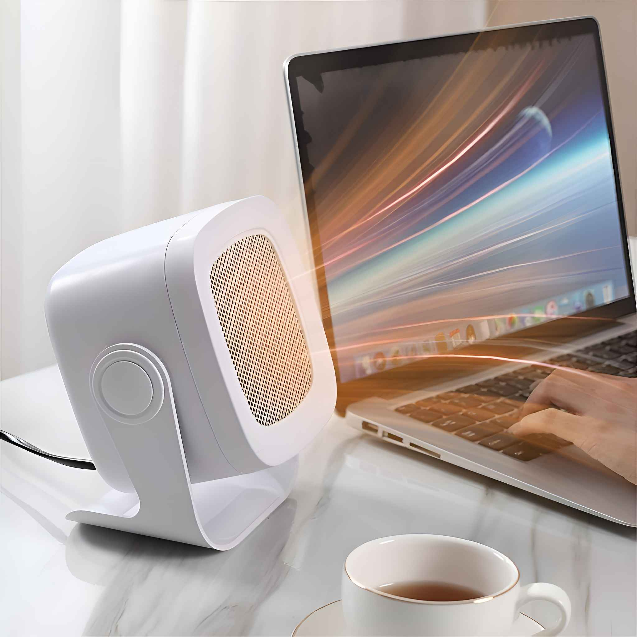 Ein weißer Heizlüfter neben einem Laptop. Eine Hand tippt auf der Tastatur. Eine Tasse Tee steht auf dem Tisch.