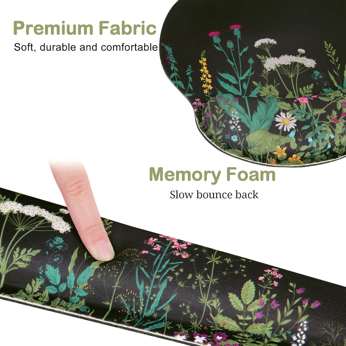 Eine schwarze Mausunterlage mit floralem Design ist abgebildet. Ein Finger drückt auf den Memory-Schaum. Der Text lautet Premium Fabric, Memory Foam.