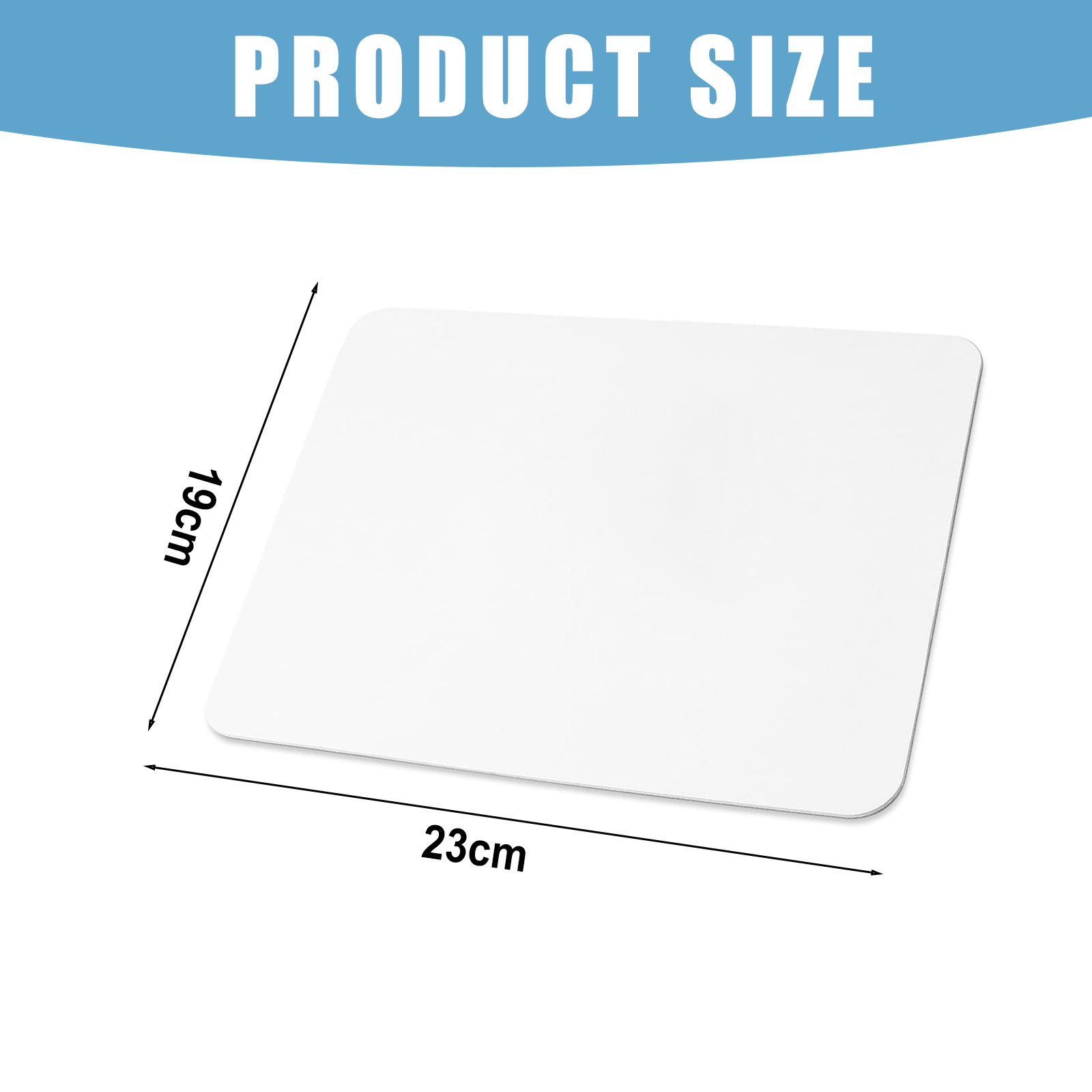 Das Bild zeigt eine weiße rechteckige Matte mit den Maßen 19 cm x 23 cm. Der Text oben lautet "PRODUCT SIZE".