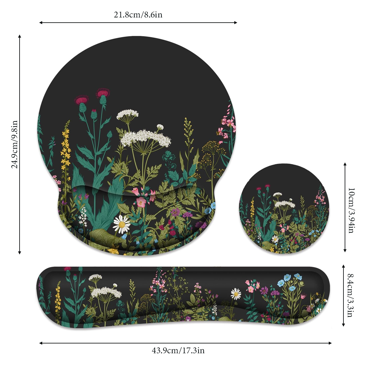Ein Mauspad, eine Handgelenkstütze und ein Untersetzer-Set mit schwarzem Hintergrund und Blumendesign. Abmessungen in cm und Zoll angegeben.