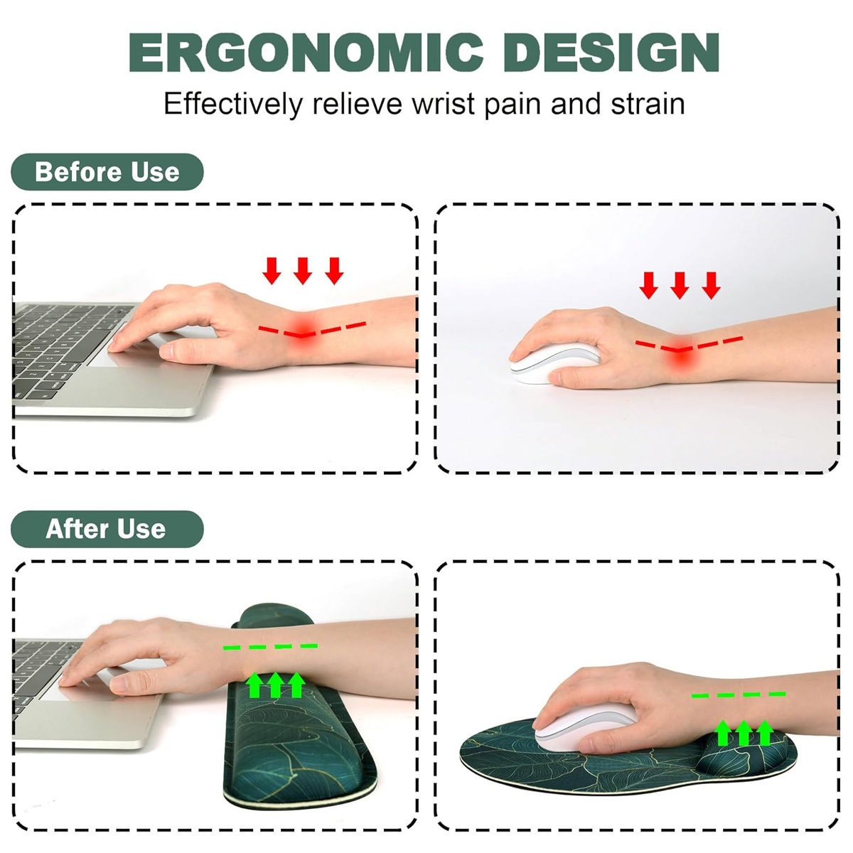 Das Bild zeigt ergonomisches Design. Es veranschaulicht Handpositionen vor und nach der Verwendung einer Handgelenkstütze mit Laptop und Maus, mit roten/grünen Pfeilen.