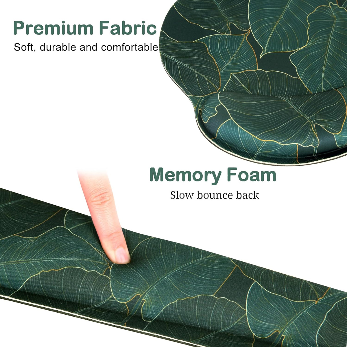 Eine Hand drückt auf eine grüne, mit Blättern gemusterte Memory-Foam-Oberfläche. Texte umfassen 'Premium Fabric' und 'Memory Foam'.