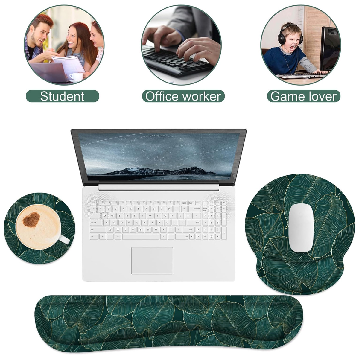 Laptop, Maus, Handgelenkauflage und Untersetzer mit grünem Blattdesign. Oben: Student, Büroangestellter und Gamer. Untersetzer mit Kaffee.