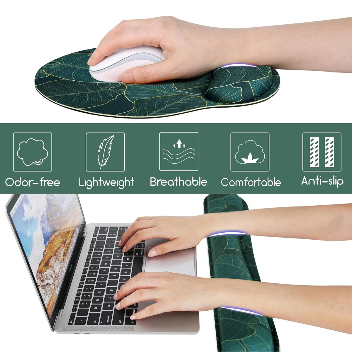 Hände benutzen Maus und Tastatur auf einem Laptop. Ein grünes, blattgemustertes Mauspad und eine Handgelenkstütze sind ebenfalls vorhanden.
