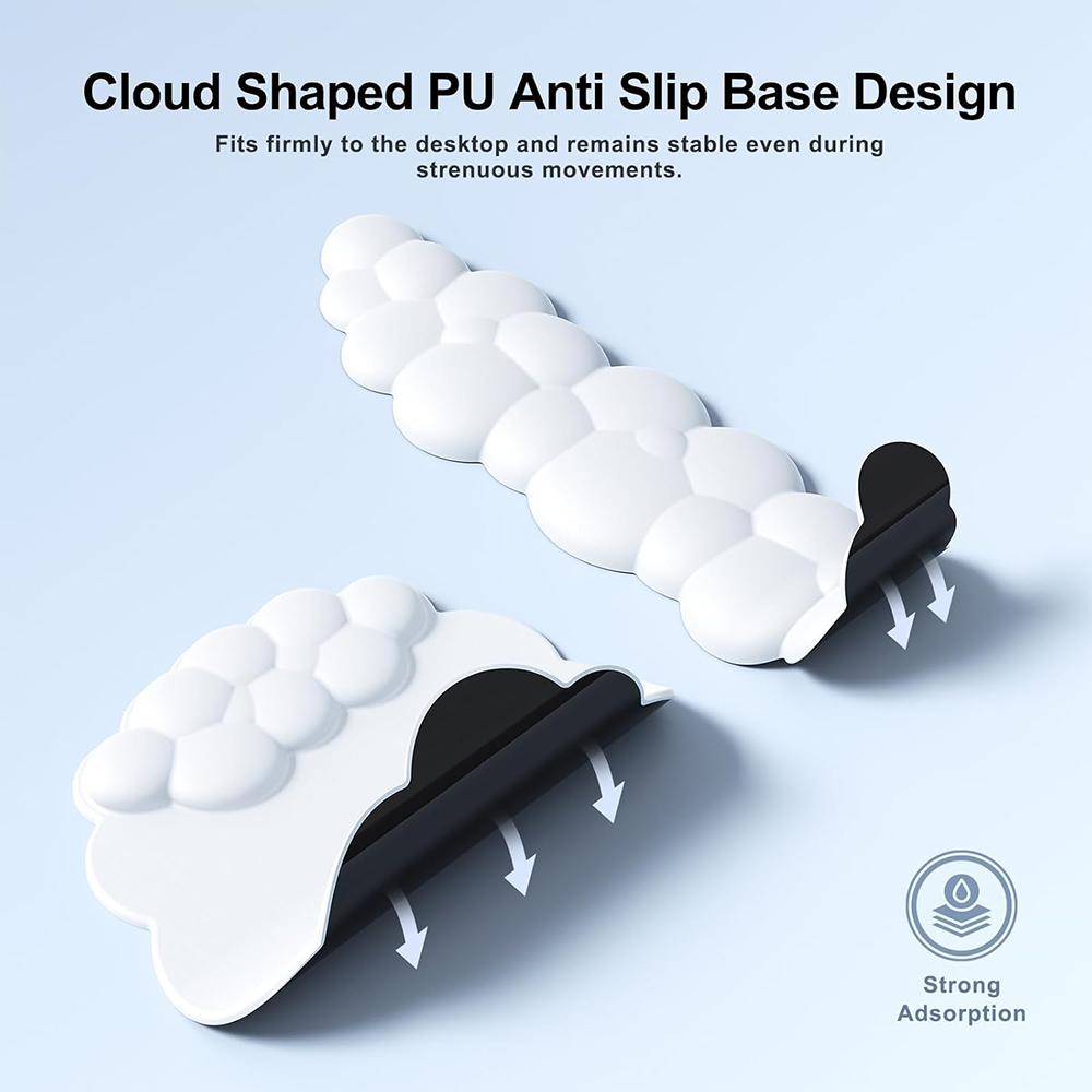 Zwei weiße, wolkenförmige Anti-Rutsch-Basen mit schwarzen Unterseiten, Pfeile zeigen den Halt an. Text: Cloud Shaped PU Anti Slip Base Design.