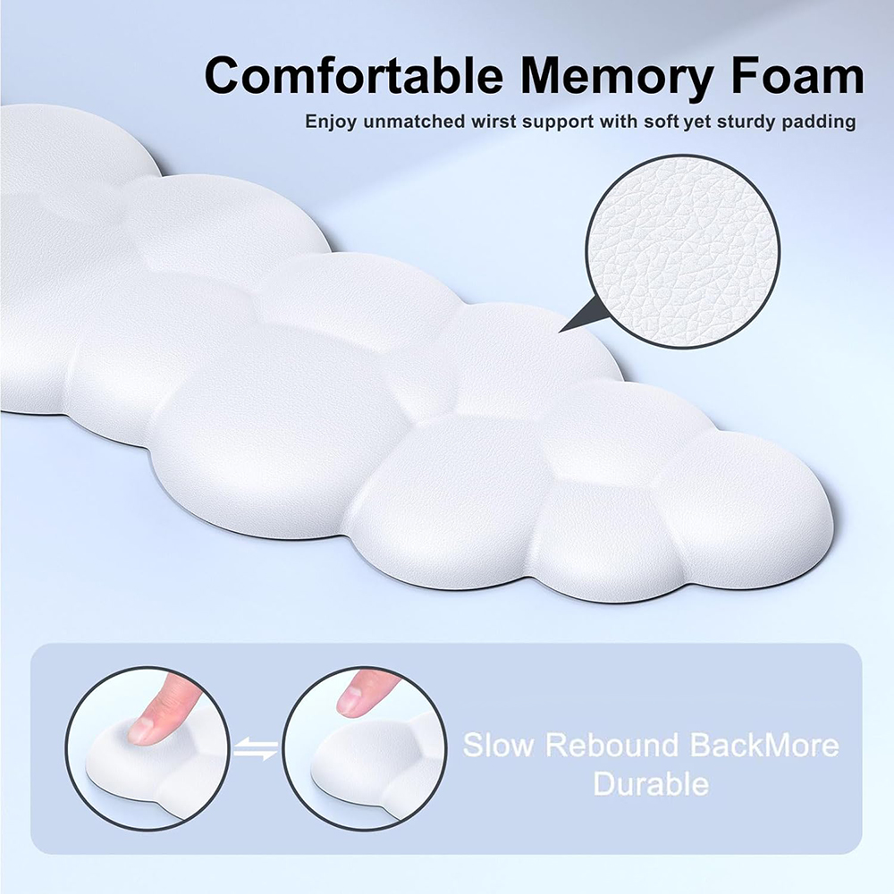 Weißes, wolkenförmiges Handgelenkstütze aus Memory-Schaum. Text: "Comfortable Memory Foam." Nahaufnahme zeigt die Textur. Text: "Slow Rebound BackMore Durable."