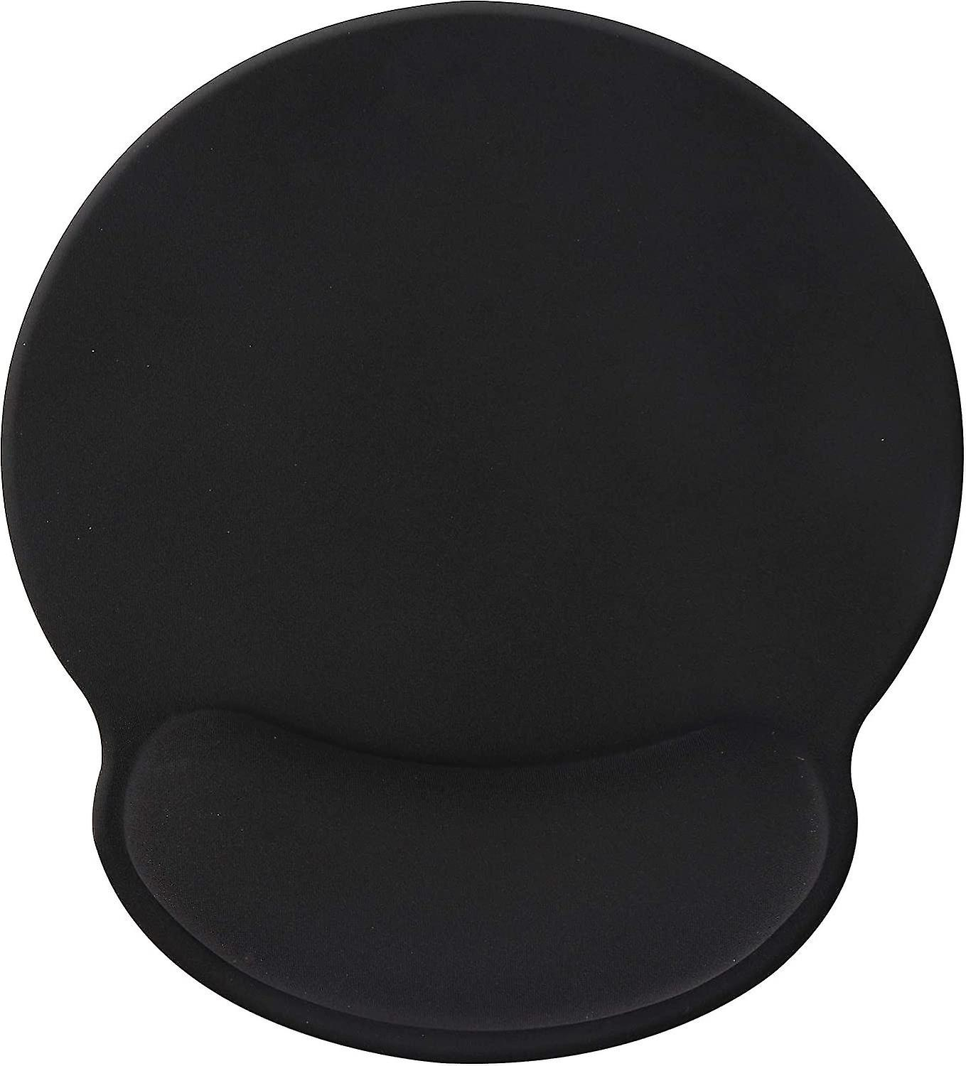 Ein schwarzes, rundes Mauspapier mit Handballenauflage. Das Pad ist kreisförmig, die Auflage ist unten integriert.