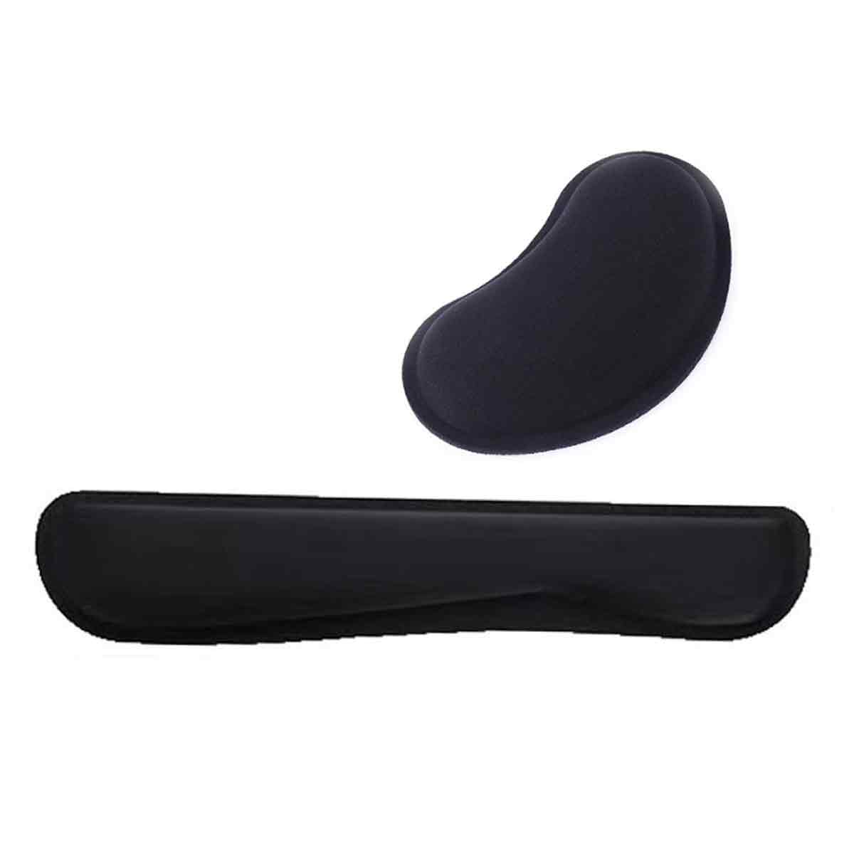Zwei schwarze ergonomische Stützen: eine Handgelenkstütze und ein kleineres, bohnenförmiges Polster. Beide auf weißem Hintergrund.