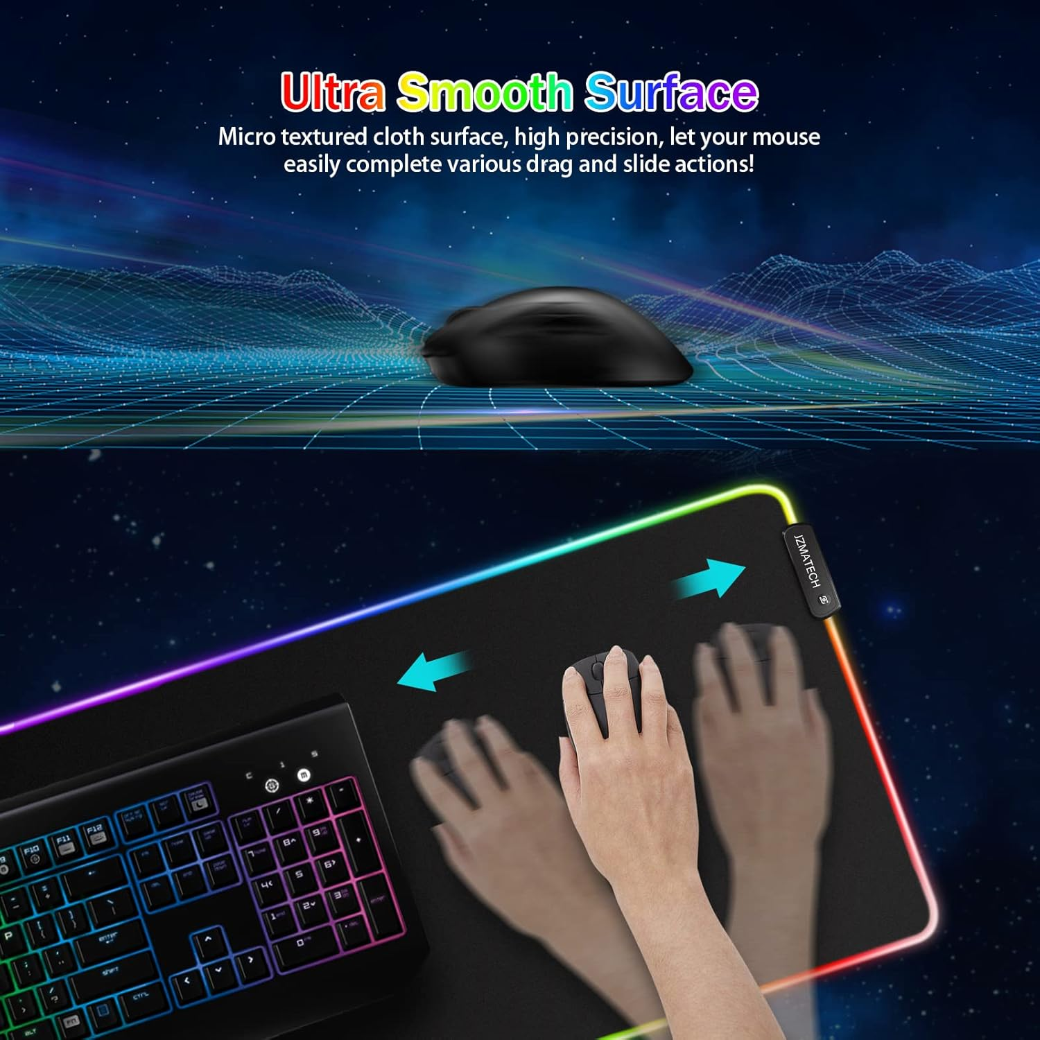 Ein Gaming-Setup mit einer Maus auf einem beleuchteten Mauspad, einer Tastatur und einer Hand, die Mausbewegungen demonstriert.